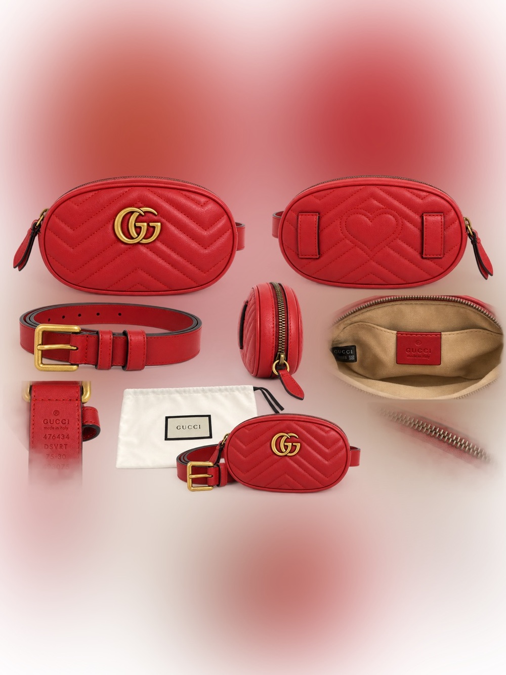 Authentic Gucci GG Marmont Matelassé Red Leather Belt Bag + Box & Dust Bag
